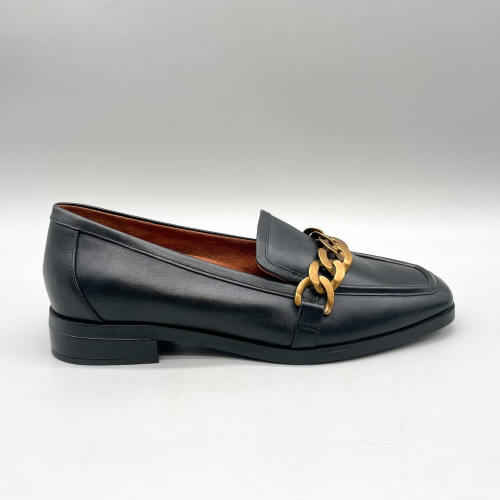 Vionic Black Leather Loafers with Brass Chain Accent - Picture 2 of 12